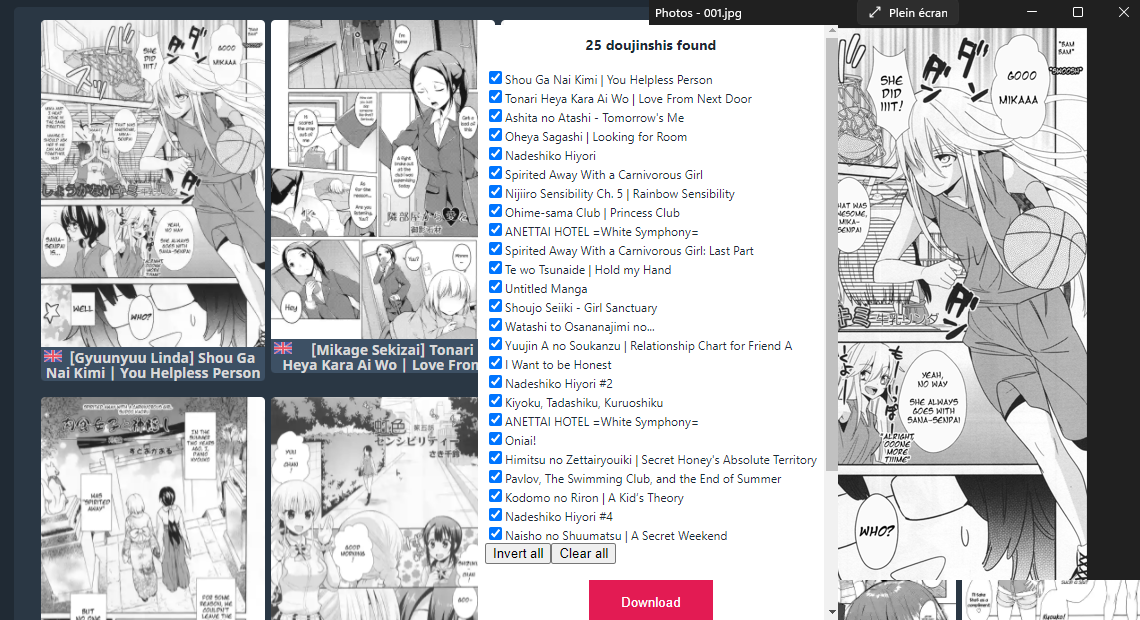 Allows to download doujinshi (fan-made manga) from some popular website