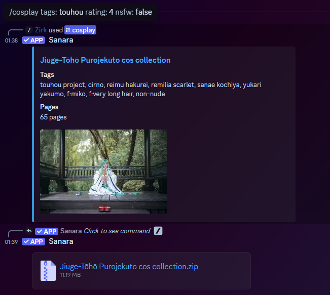 Sanara preview: Example of 'cosplay' command and download the content from the bot