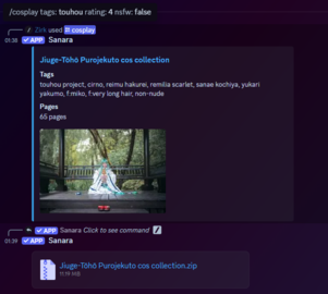 Example of 'cosplay' command and download the content from the bot